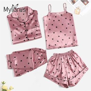 Ropa de dormir para mujer 4 piezas Conjuntos de pijamas de seda para mujeres Ropa de dormir sexy para mujer Pantalones cortos de honda sexual Pantalones de manga larga Pijama de satén 221122