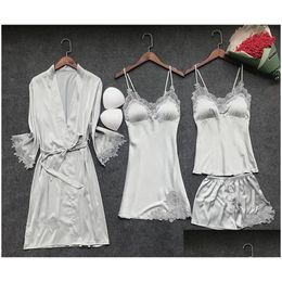 Vêtements pour femmes 4pcslot y women039s robe de robe ensembles peignoir en lace