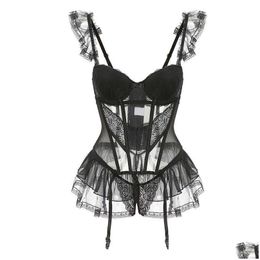 Femmes Vêtements de nuit Noir Français Sexy Dentelle avec anneau en acier Bustiers Lingerie Corset Tops Panty Body Shaper Femmes Vêtements 2 Ensembles Taille M DH036