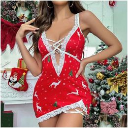 Dames slaapkleding kerst gedrukte nachtjurk vrouwen y Deep v lingerie nachthemd kanten trim pyjama's lenceria spaghetti riem drop deli otja33