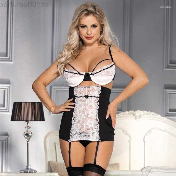 Vêtements de nuit pour femmes Comeondear Porno Lingerie Sous-vêtements Nuisette Ouvert Plus Taille Noir Blanc Dentelle Mesh Sexy Babydoll Pour Femmes Langerie SetOTSK