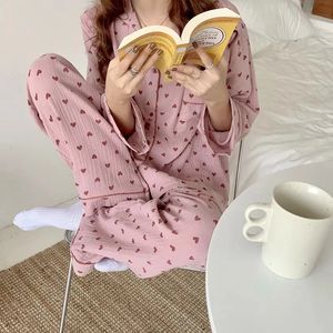 Dames slaapkleding katoen Koreaanse pamas dames herfst schattige hartprint pyjama pyjama pijeve pijama vrouwelijke set nalatignee Cardigan Suit 231025
