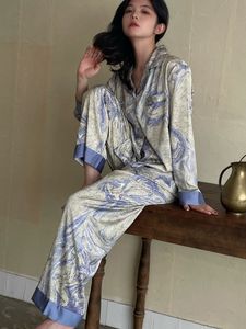 CRLAYDK Femmes Pyjamas 2 Pièces Pj Ensembles Bleu Galaxy Soie À Manches Longues Boutonné Doux Loungewear Col Encoche Vêtements De Nuit 230828