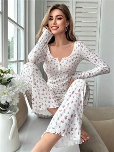 Dames nachtkleding met ditsy bloemenprint sla-afwerking pyjama set elastische tailleband loungewear nachtkleding met volledige mouwen 240326
