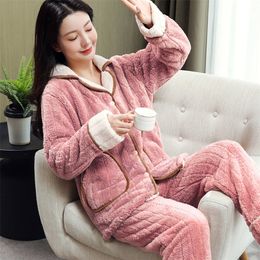 Dames slaapkleding borduurwerkbloemen pyjama sets vrouwen winter thermisch koraal fluweel zachte borsten eenvoudige zakken nachtkleding dikke pyjama's 220902