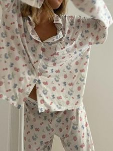 Ropa de dormir para mujer Conjuntos de pijamas de otoño para mujer Estampado de fresas Cuello vuelto Camisas de manga larga Tops Pantalones Ropa de estar en casa de 2 piezas