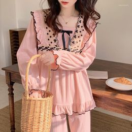 Dames slaapkleding mode pyjama's set 2023 lente herfst casual broek met lange mouwen huisemarium mooi zoet roze kanten boog pijama