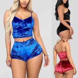 Vêtements de nuit pour femmes Mode Femmes 2pcs Velours Sexy Spaghetti Strap Shorts Pyjama Ensemble Dames Femme Fête 230317