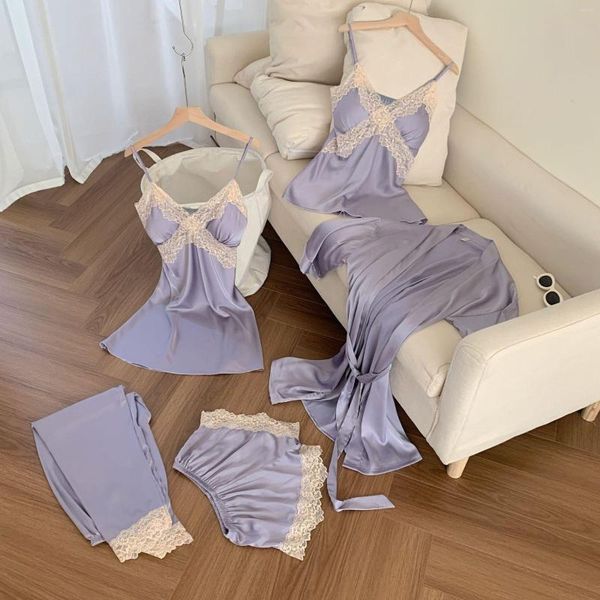 Vêtements de nuit pour femmes Cinq pièces Femmes Pyjamas Set Dentelle Peignoir Lingerie Été Satin Chemise de nuit Pijamas Costume Nightsuits Home Wear Vêtements