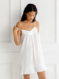 Dames slaapkleding hiloc spaghetti riem katoenen gegolfde nachthemd vrouwen mini -jurk backless nachthowns vrouw witte nachtjapon