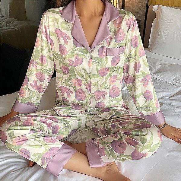 Pyjamas de somnifère pour femmes Pajamas Femmes 2024 Pantalon à manches longues Pantalons peints de printemps