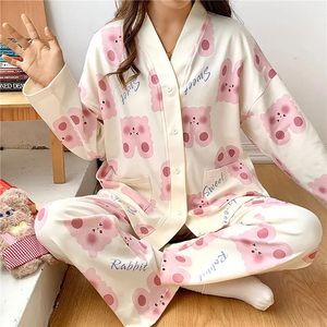 Vêtements de nuit pour femmes style kimono japonais automne et hiver pyjamas pour femmes ensemble coton à manches longues famille col en V revers 231128