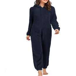 Dames slaapkleding jumpsuit uit één stuk pyjama's voor vrouwen in de capuche winter herfst koraal fleece warm schattig lang huiskleding