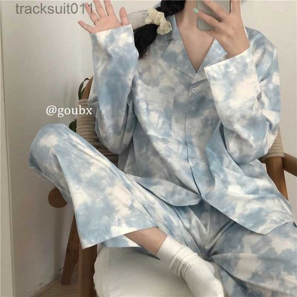 Ropa de dormir para mujer Diseños coreanos Pijamas Mujer Tie Dye Ropa de dormir cómoda Conjunto de pijama de manga larga para mujer Baju Tidur Perempuan Wanita Cárdigan con cuello vuelto Ropa de dormir