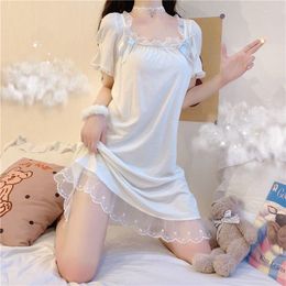 Dames slaapkleding kanten nachthemd Koreaanse stijl nachtjurk uit één stuk pyjama's witte zomer slaap ruches korte mouw huiskleding