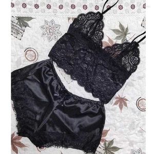 Vêtements de nuit pour femmes Ensemble de dentelle pour femmes Sexy Transparent Tops sans manches Soie Shorts Pyjamas Vêtements de nuit S-3XL Femme Lingerie Sleep Wears