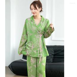 Dames slaapkleding revers pijama's passen vrouwen pyjama's set lange mouw kimono broek lente jacquard satijnen nachthuizen thuiskleding