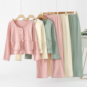 Vêtements de nuit pour femmes Cardigan tricoté en coton à manches longues avec pantalon Costume de pyjama pour l'automne et l'hiver Cute Sweet Home 230923