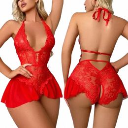 Dames slaapkleding open kruis lingerie vrouwen kant transparante pyjama's set sexy diep v bh -crotchless pyjama erotische nachtdress o0re#