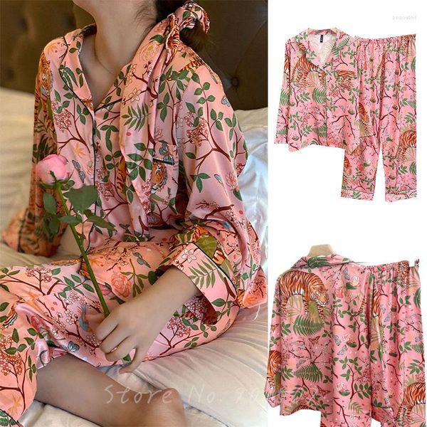 Pyjama en Satin rose pour femmes, 2 pièces, imprimé tigre de la Jungle, chemise longue, pantalon, vêtements de nuit décontractés, printemps