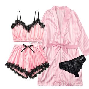 Dames Nachtkleding Roze Gestreepte Pyjama Pak met Gewaad Sexy Kunstzijde Thuis Kleding Leuke Lente En Zomer 230828