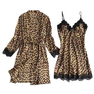 Womens Nachtkleding Plus Size Winter Soft Stretch Robe en Chemise Nachthemd Set Satijn Silk Pyjama Cardigan Nightdress Bathrobe A8 210901