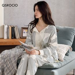 QSROCIO Automne Femmes Pyjama Ensemble Haute Qualité Bohème Rayures Imprimer Vêtements De Nuit Col En V Coton Homewear Vêtements De Nuit Pyjamas Femme 230227