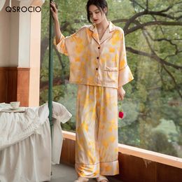 Ropa de dormir para mujer QSROCIO Conjunto de pijamas de alta calidad Moda Hojas Estampado Seda como Ocio Ropa para el hogar Ropa de dormir Ropa para el hogar Traje 230227
