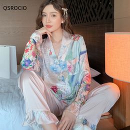 Dames slaapkleding QSroCio Hoge kwaliteit Pyjama's Set luxe bloemenprint Lotus Cuffs Silk Like HomeWear Nightwear Femme Petite 230227