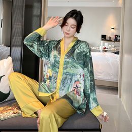 Dames slaapkleding Qsrocio Pyjama's set luxe mode verf afdrukken Silk Like Homewear v Neck Nightwear 230227