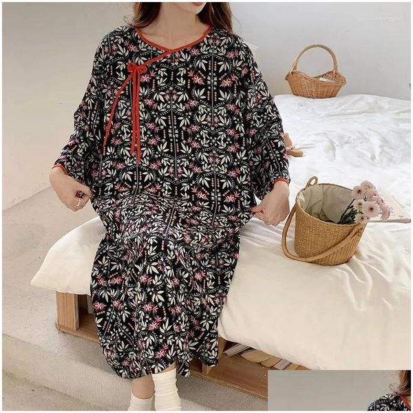 Ropa de dormir para mujer Cuello redondo Vestido de pijama de manga larga Colorf chino Impresión camisón Fino Algodón Seda Ropa de hogar para dama en primavera Drop DHK8I