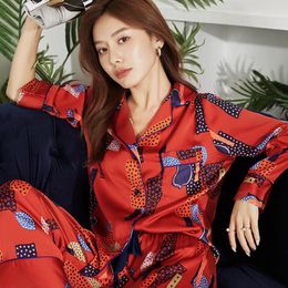 Dames slaapkleding satijn pijama's passen rode print button-down pyjama lange mouw vrouwen broek pyjama's set zachte dunne faux zijden pour femme