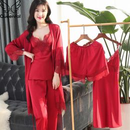 Vêtements de nuit pour femmes Satin Queenral Soie Pyjamas Femmes 5 Pièces Ensembles Sexy Dentelle Femme Pyjama D'été Pijama Mujer pour Poitrine Pads deux pi238K