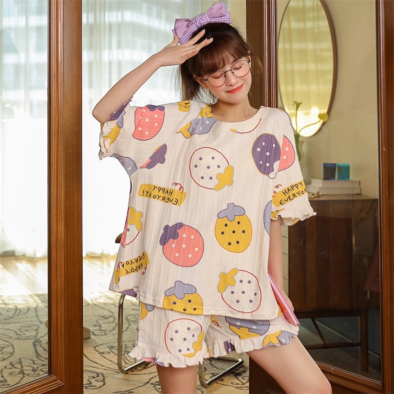 Kvinnors sömnkläder set söt tryck kortuppsättning pyjamas för kvinnor bomullspyjamas set söt kort ärm topp shorts sommar pijamas 220527