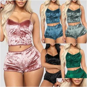 Vêtements de nuit pour femmes Sexy 2 pièces Lingerie Veet col en V pyjamas ensemble Chemise Shorts vêtements de nuit grande taille livraison directe