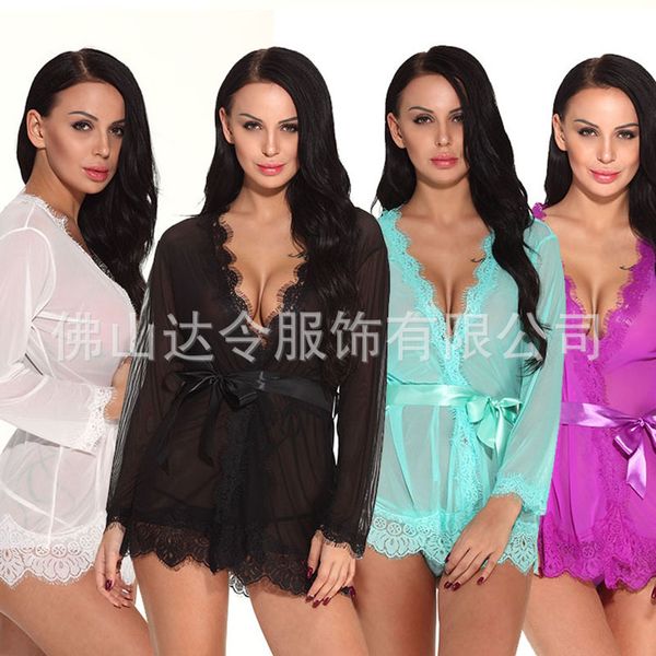 Pyjama Sexy sous-vêtements vêtements de nuit pour femmes peignoir avec ceinture à manches longues chemises de nuit Robe femmes Badjas Robes ensemble Kimonos Mujer