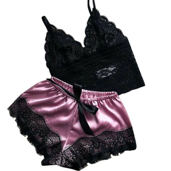 Vêtements de nuit pour femmes Sexy Dentelle Nachtkleding Lingerie Sans Manches VNeck Babydoll Pyjama Ensemble Tops Shorts Vêtements De Nuit 230512