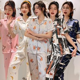 Dames slaapkleding korte mouw lange broek zijden satijnen print pyjama sets voor dames zomer Koreaans pak pyjama huiskleding pijama mujer kleding