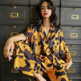 Dames slaapkleding zijden satijnen pyjama's set lente herfst loungewear abstract bedrukt goud zwart kan buiten vrije tijd worden gedragen 230228