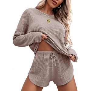 Dames nachtkleding effen dames pyjama sets hoge kwaliteit O-hals wafel shorts met lange mouwen sexy lingerie casual homewear zomer