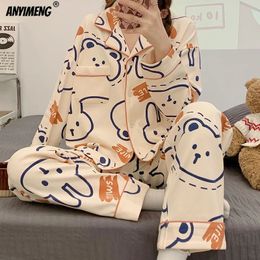 Vêtements de nuit pour femmes Printemps Automne Knttted Pyjamas en coton Ensembles Col rabattu Homesuits Cartoon Girls Homewear Chic Femme Pijamas 231025