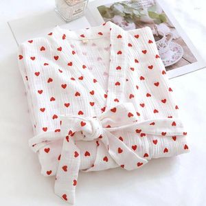 Femmes de nuit d'été pur coton crêpe chemise de nuit femmes doux amour imprimé chemise de nuit japonais kimono mince peignoir pyjamas vêtements de nuit