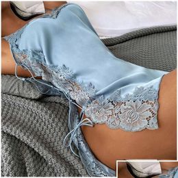 Vérinères pour femmes Summer Femmes Y Pyjama Nightgown Satin érotique confortable Sleepdress Bandage Hollow Out Lingerie Lace Drop Delivery App Deping Otbmy