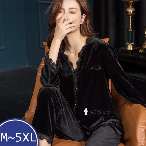 Vêtements de nuit pour femmes hiver 4XL 5XL dentelle noire pyjama en velours pour femmes nuit chaude grand vêtements de maison sexy 231128