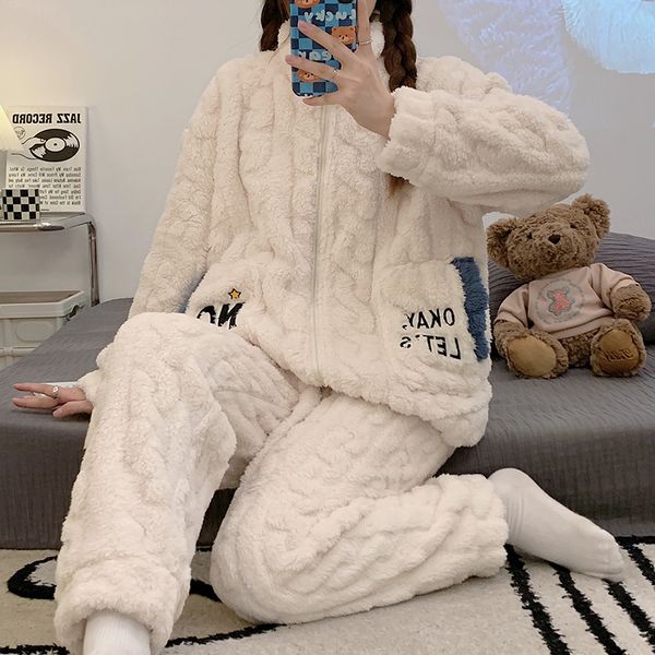 Pyjama d'hiver pour femmes, ensemble 2 pièces en flanelle polaire, chaud et épais, élégant, grande taille, 230921