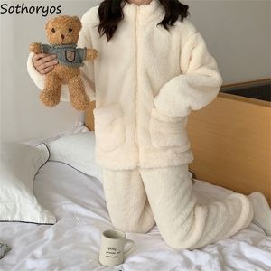 Vêtements de nuit pour femmes Ensembles de pyjama d'hiver Femmes Solide Chaud Épais À Manches Longues Zipup Corail Polaire Confort Vêtements De Nuit Taille Élastique Lâche Doux Élégant 220902