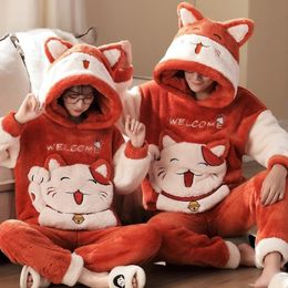 Womens Nachtkleding Winter dikke paar pyjama set volwassen pyjama cartoon kat Kawaii womens anime Koreaanse hooded 231129