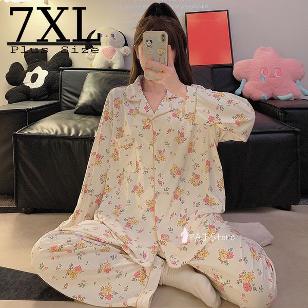Femmes de nuit femmes pyjama ensemble à manches longues deux pièces costumes de maison lingerie femme coton artificiel plus taille 3XL 7XL vêtements 230921