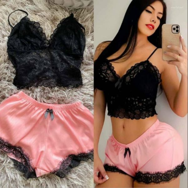 Femmes Pyjamas Set Summer Ice Soie Sexy Sans Manches Deep-V Dentelle Camisole Lâche Taille Élastique Shorts Ensembles De Nuit