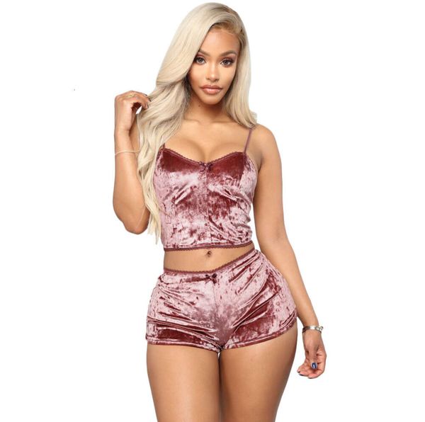 Vêtements de nuit pour femmes en velours sexy en velours bingerie bingerie crop top + shorts en dentelle de nuit de sous-vêtements noirs gris rose 99